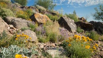 Desert Landscape with Vibrant Blooms and Rocks photo