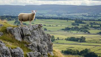 Majestic Sheep on a Hilltop Overlooking a Lush Valley photo
