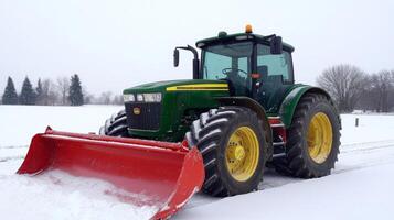 Green Tractor with Snowplow in Snowy Field photo
