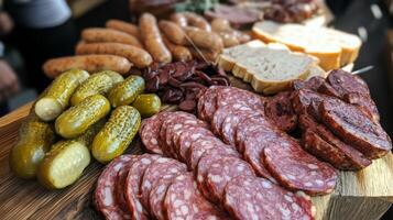 Gourmet Charcuterie Board with Assorted Meats and Pickles photo