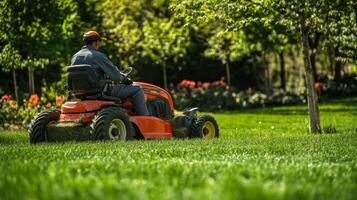 Landscaper Working on Lush Green Lawn photo