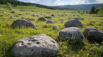 Majestic Landscape with Boulders and Lush Grass photo