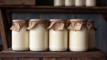 Artisan Dairy Jars on Rustic Wooden Shelf photo