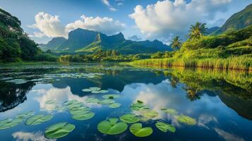 Serene Mountain Lake with Lily Pads photo