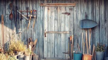 Rustic Wooden Shed with Vintage Tools photo