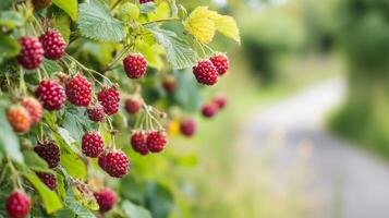 Close up of juicy Raspberries on a Bush photo