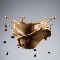 Coffee splash with coffee beans on a gray background photo