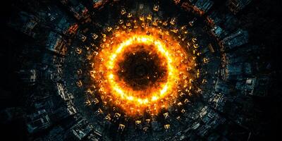 A circular ring of fire in the middle of a dark city photo