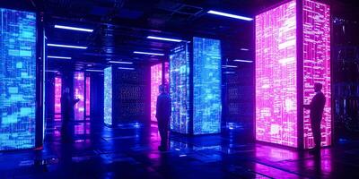 A room with neon lights and a man standing in front of it photo