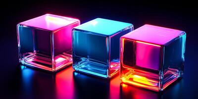 Glowing Transparent Neon Cubes in High-Tech Digital Background photo