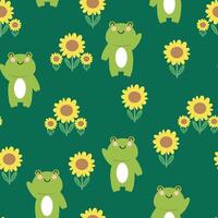 Seamless pattern with cute cartoon frogs and sunflowers, for fabric print, textile, gift wrapping paper. colorful for children, flat style vector