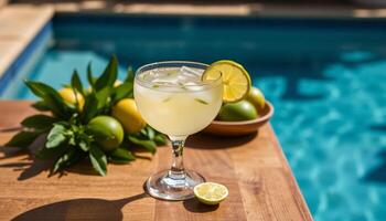 A glass of lemonade with lime slices on a table near a pool photo
