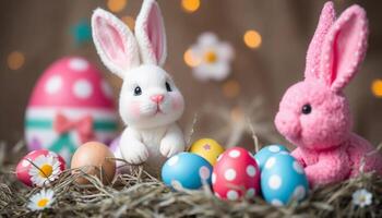 Two stuffed bunnies and colorful eggs sit in a nest photo