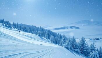A snowy mountain landscape with trees and snow photo