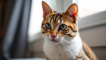 A cat with green eyes sitting on a window sill photo