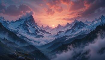 The sun is setting over a mountain range photo