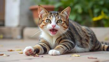 A cat with its mouth open laying on the ground photo