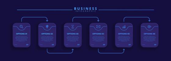 Infographic dark template featuring 6 steps with icons, designed for business concepts. vector