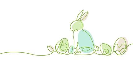 Happy Easter handwritten lettering line design colorful Easter bunny eggs grass white greeting card. Suitable for horizontal posters, greeting cards, or website headers vector