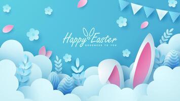 Joyous Easter holiday featuring eggs, rabbit ears, clouds and flowers against a vibrant backdrop and paper style. Suitable for greeting cards or party invitations vector