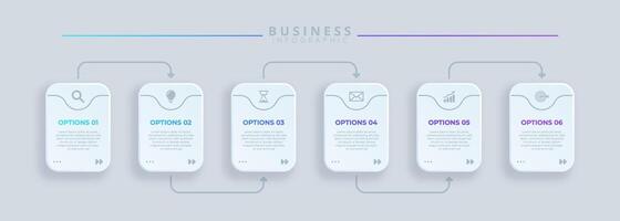 Infographic template featuring 6 steps with icons, designed for business concepts. Ideal for presentations, banners, workflow layouts, process diagrams, flowcharts, and data visualization. vector