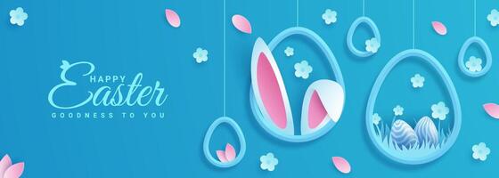 Joyous Easter holiday featuring eggs, rabbit ears and flowers against a vibrant backdrop and paper style vector