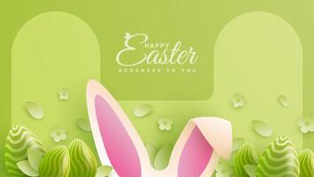 Easter card with egg shaped paper frame with spring flowers on green background vector