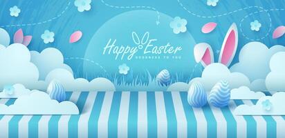 Joyous Easter holiday featuring eggs, rabbit ears, clouds and flowers against a vibrant backdrop and paper style vector