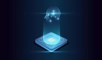 The glowing microchip at the base emitting a holographic human head of artificial intelligence. microchip and digital head of system at the center represents computational power vector