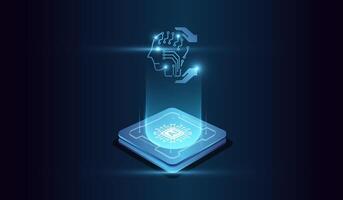 The microchip at the center represents computational power. with a glowing microchip at the base emitting a holographic human head of artificial intelligence. vector