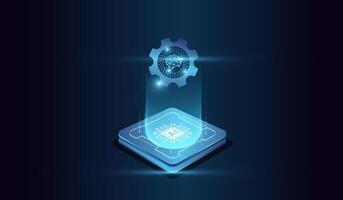 The microchip at the center represents computational power. with a glowing microchip at the base emitting a holographic . vector