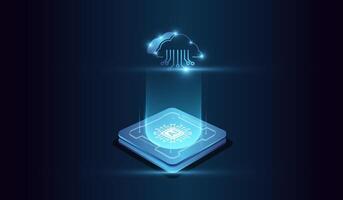 The artificial intelligence big data cloud. the microchip and digital head of system at the center represents computational power, and glowing microchip at the base emitting a holographic. vector