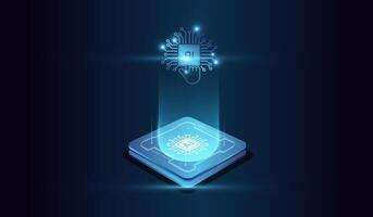 The artificial intelligence. microchip and digital head of system at the center represents computational power, and glowing microchip at the base emitting a holographic human head vector