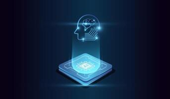 The microchip and digital head of system at the center represents computational power. with a glowing microchip at the base emitting a holographic human head of artificial intelligence. vector