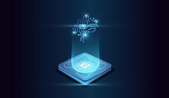 Futuristic representation of artificial intelligence, with a glowing microchip at the base emitting a holographic The microchip at the center represents computational power. vector