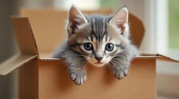 Curious kitten peeking out of a box, capturing adorable feline charm photo