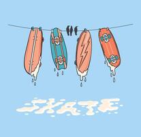 In the midst of the urban routine, where creativity meets freedom, the skateboards hanging on the clothesline represent a touch of art and a sigh of adventures yet to come. vector