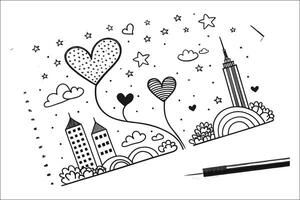 A coloring page with a city skyline and hearts vector