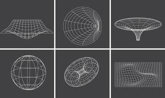 Collection of circle, spheres, grid wireframe distorted mesh.Retrofuturistic graphic vector