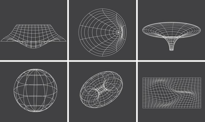 Collection of circle, spheres, grid wireframe distorted mesh.Retrofuturistic graphic