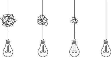 single continuous line drawing of tangled, scribbled wires connected to light bulbs, concept process of solving complex problems vector