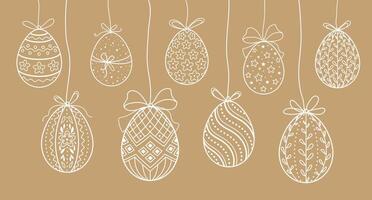 Set of hanging hand drawn Easter eggs with bows, isolated on brown background. vector