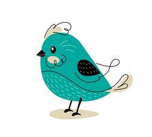 Funny green bird with hand drawn black line in doodle style. illustration isolated on a white background vector