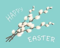 Spring twigs willow tree blossom. Happy Easter greeting card. vector