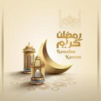 ramadan kareem card design with golden crescent moon and lanterns vector