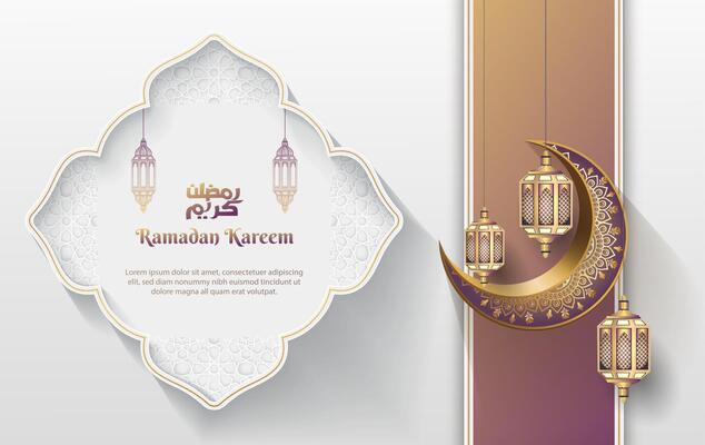 islamic greetings ramadan card design with beautiful islamic decoration, lanterns and crescent moon