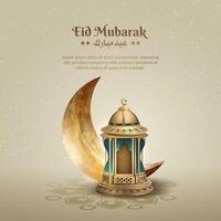 islamic greetings eid mubarak card design with beautiful lantern and crescent moon vector