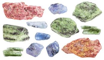various samples of raw zoisite minerals isolated photo