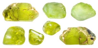 various samples of raw peridot minerals isolated photo