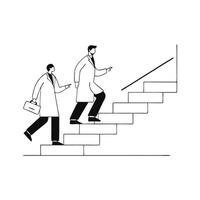 Two professionals in lab coats walking down a staircase indicating a dynamic and scientific atmosphere Hand drawn Doodle line art flat illustration on white background vector